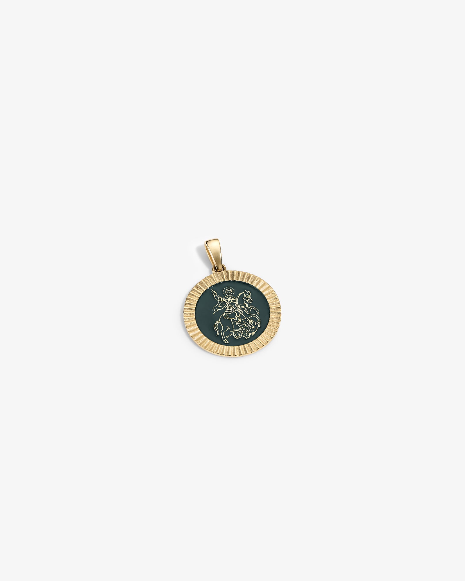14Kt Gold Saint George Coin Pendant with dark center and engraved horse rider, shown on a plain white background.