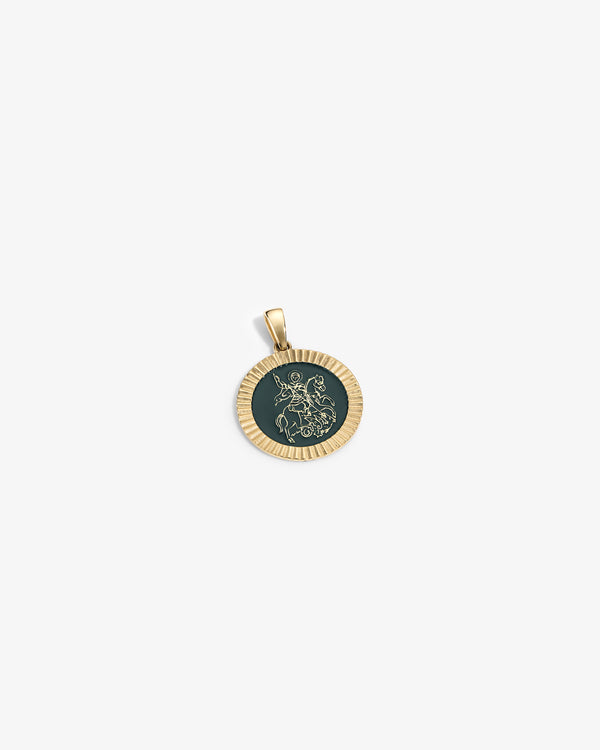 14Kt Gold Saint George Coin Pendant with dark center and engraved horse rider, shown on a plain white background.