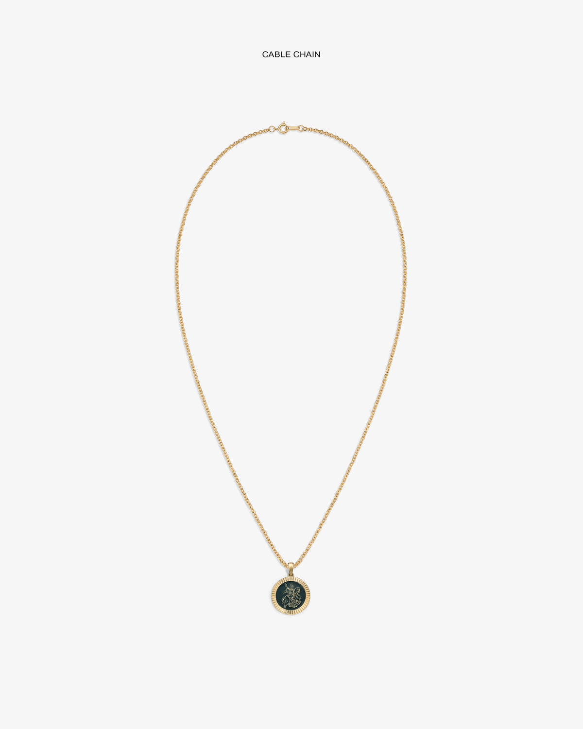 14Kt Gold Saint George Coin Pendant on a cable chain displayed against a plain white background.