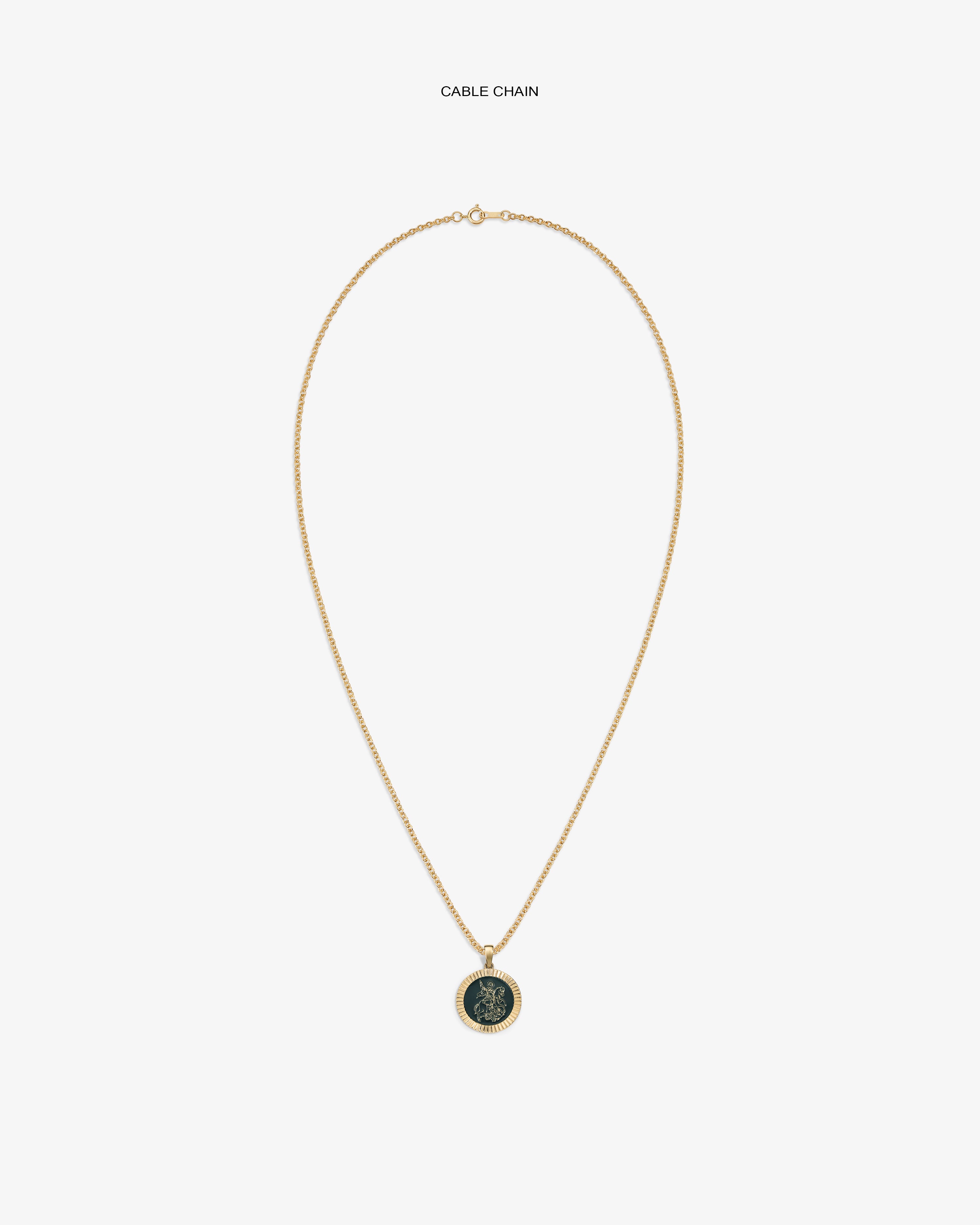 14Kt Gold Saint George Coin Pendant on a cable chain displayed against a plain white background.