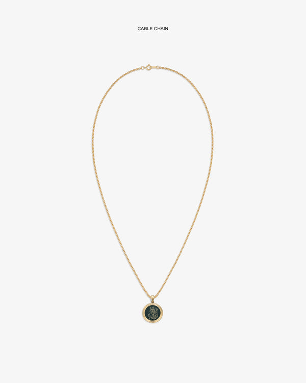 14Kt Gold Saint George Coin Pendant on a cable chain displayed against a plain white background.