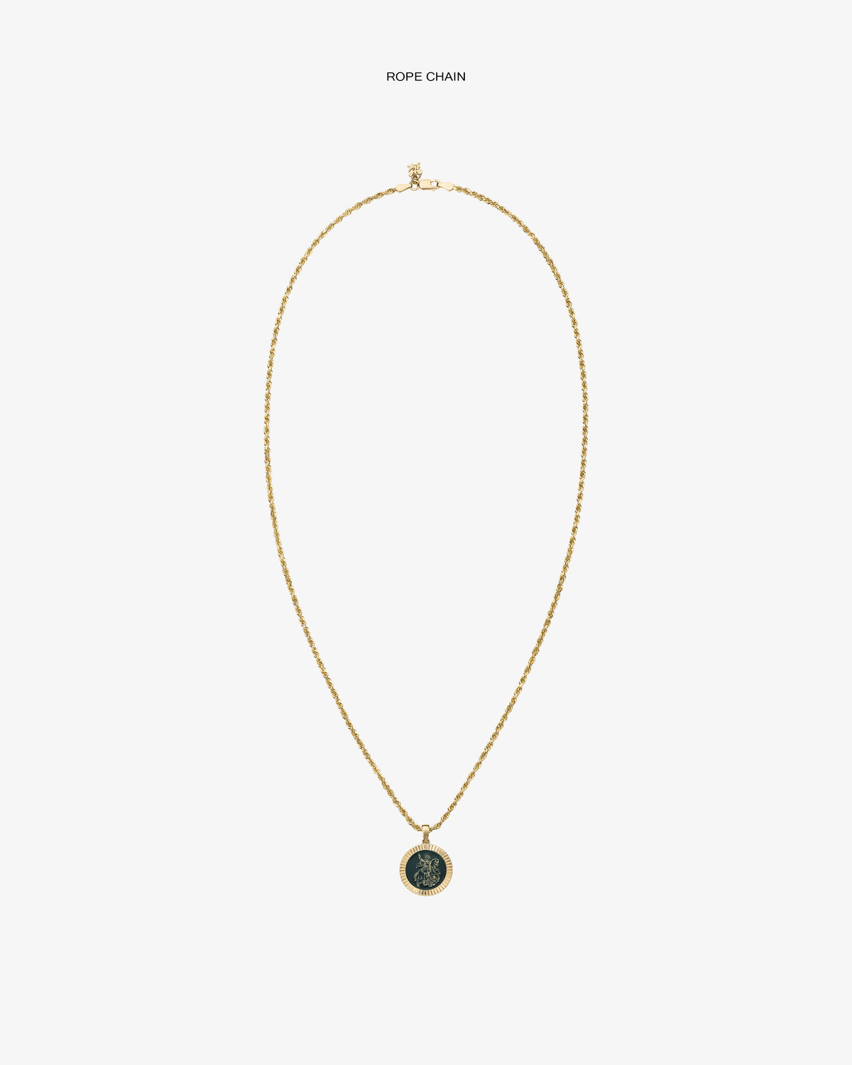 14Kt gold rope chain necklace with a Saint George coin pendant, displayed on a plain white background.