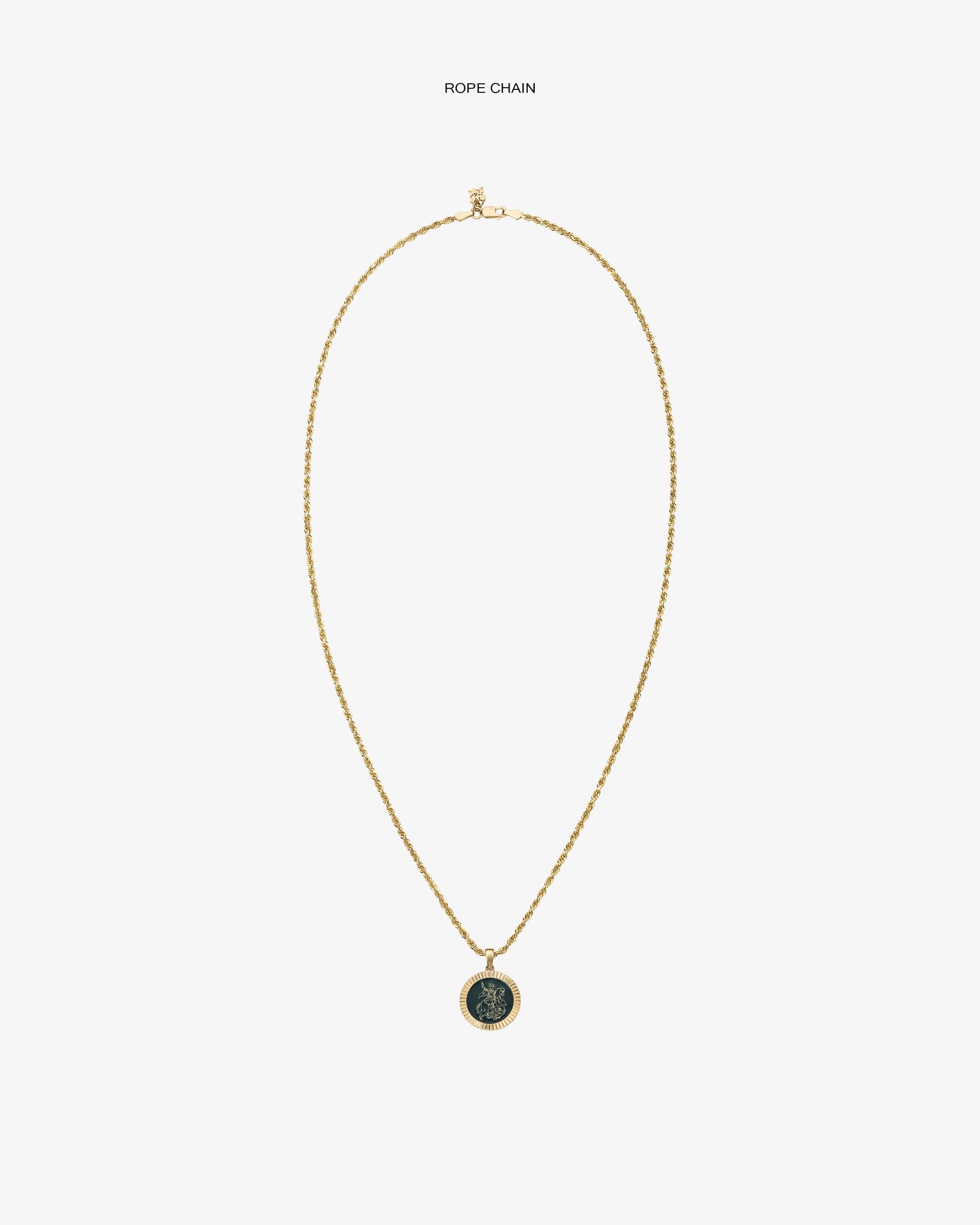 14Kt gold rope chain necklace with a Saint George coin pendant, displayed on a plain white background.