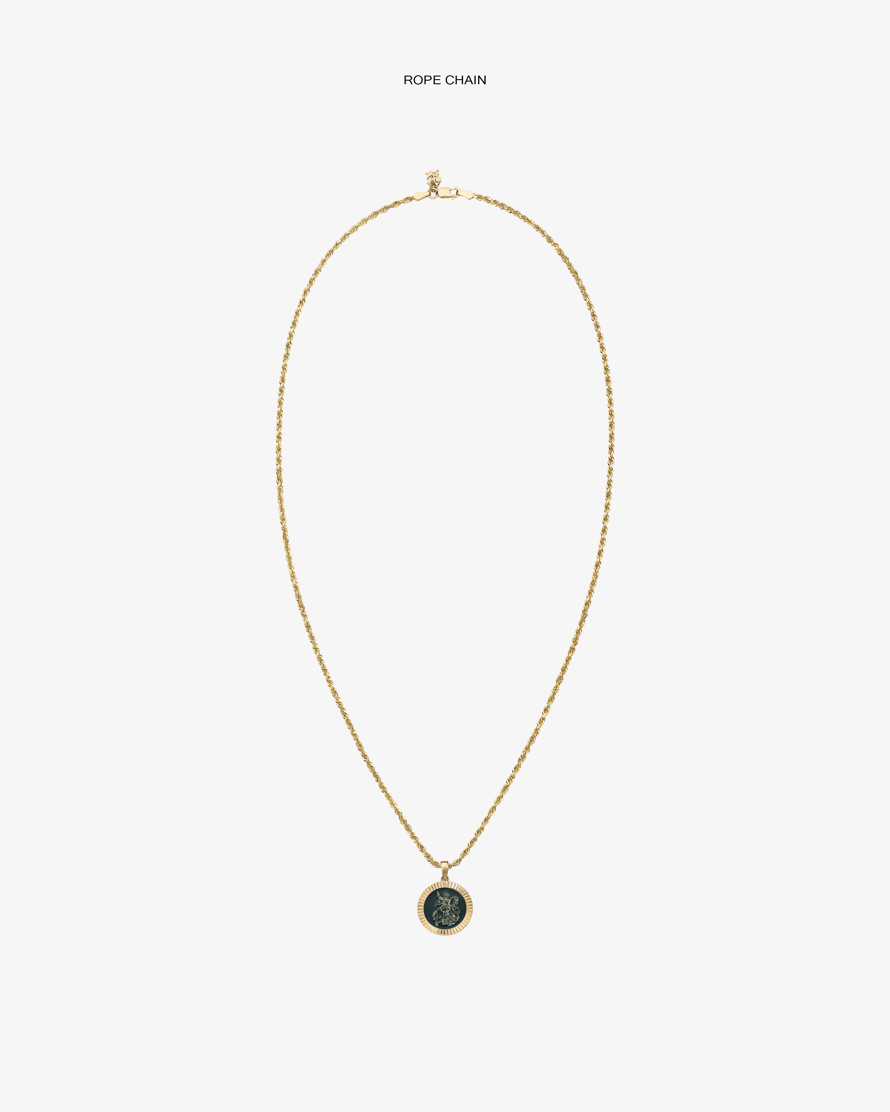 14Kt gold rope chain necklace with a Saint George coin pendant, displayed on a plain white background.