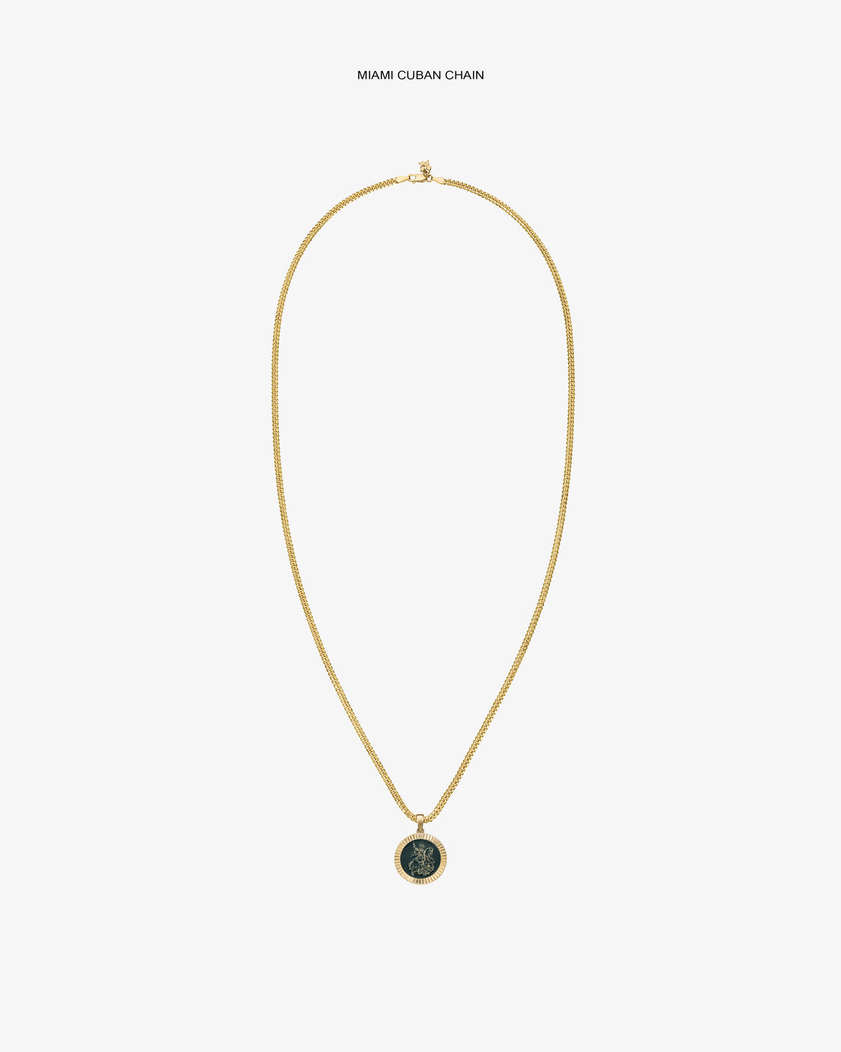 14Kt Gold Saint George Coin Pendant necklace displayed on a plain white background.