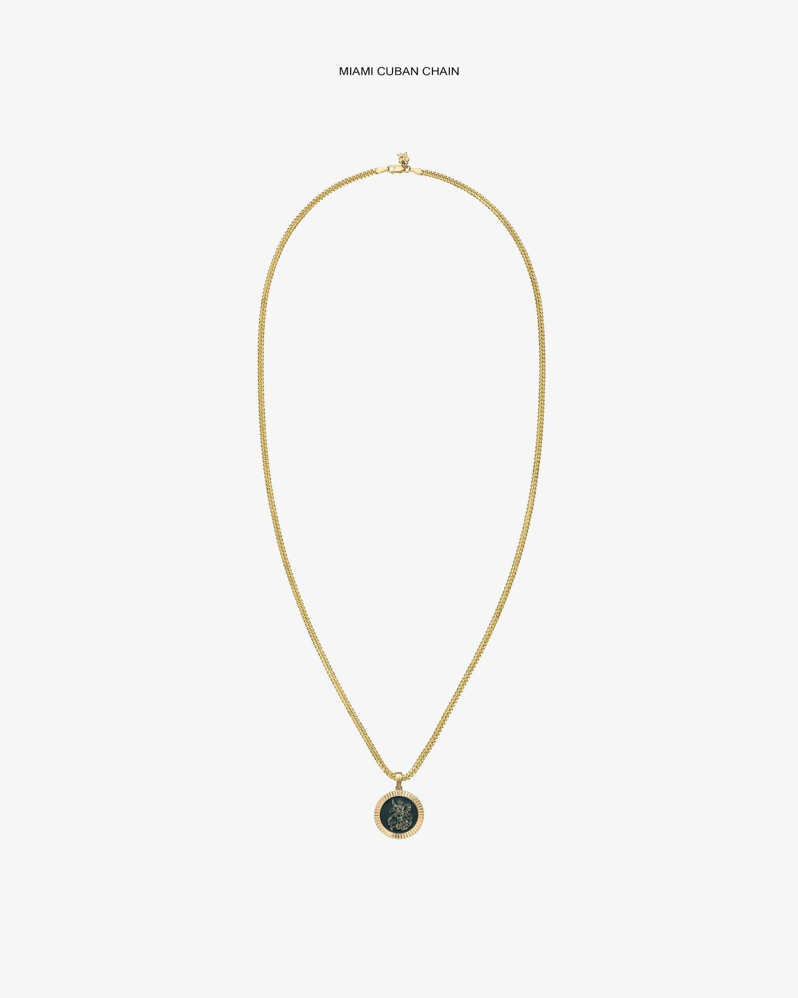 14Kt Gold Saint George Coin Pendant necklace displayed on a plain white background.