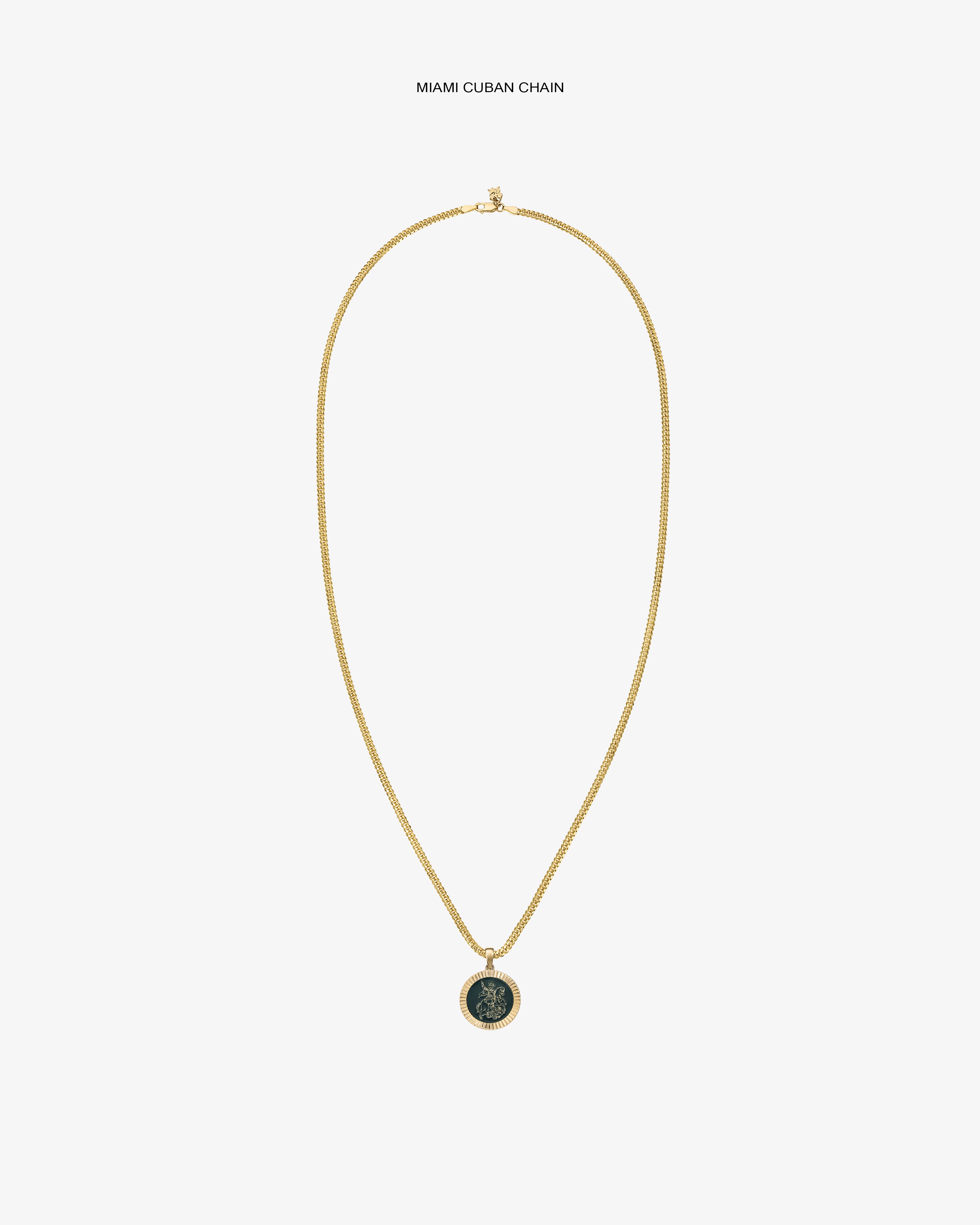 14Kt Gold Saint George Coin Pendant necklace displayed on a plain white background.