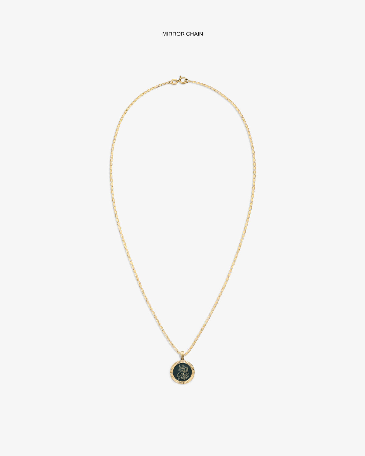 14Kt Gold Saint George Coin Pendant necklace shown on white background.