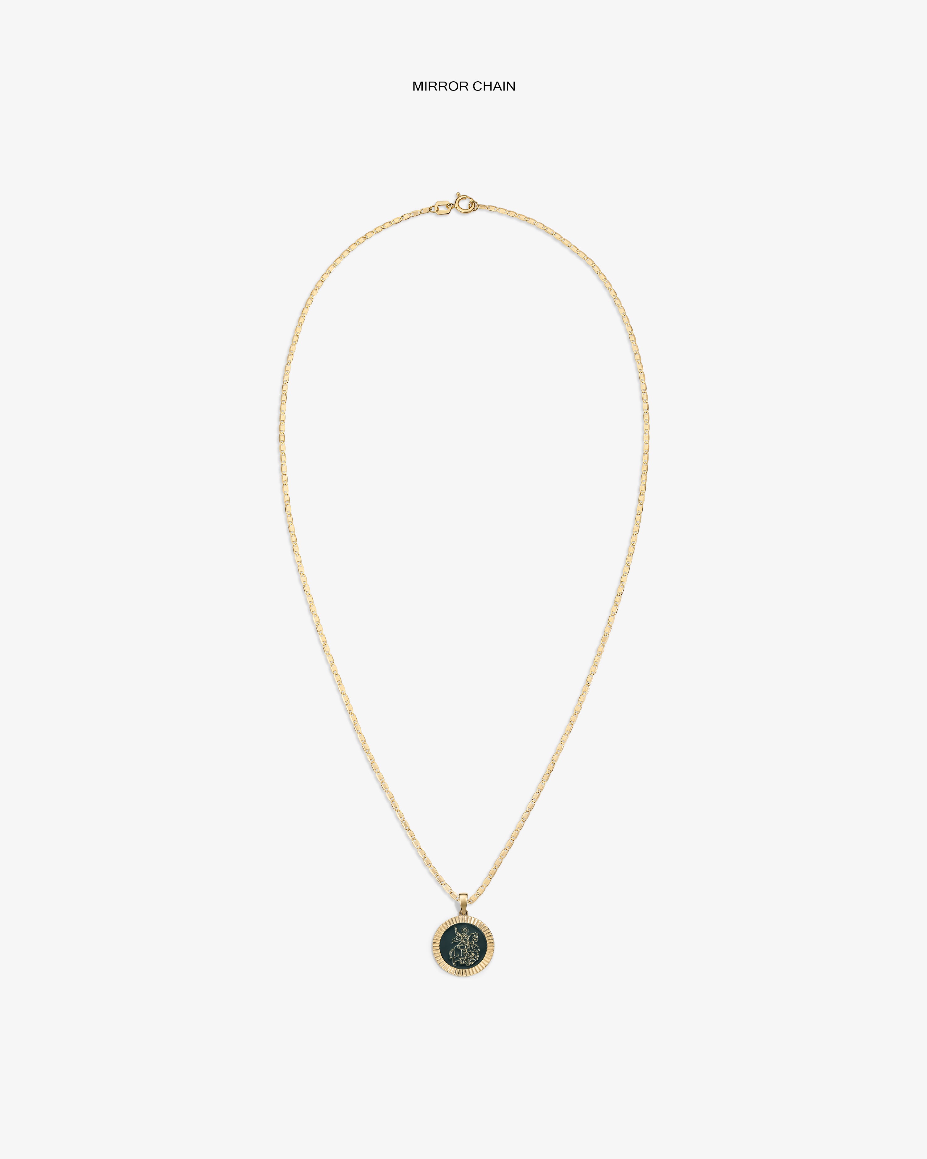 14Kt Gold Saint George Coin Pendant necklace shown on white background.