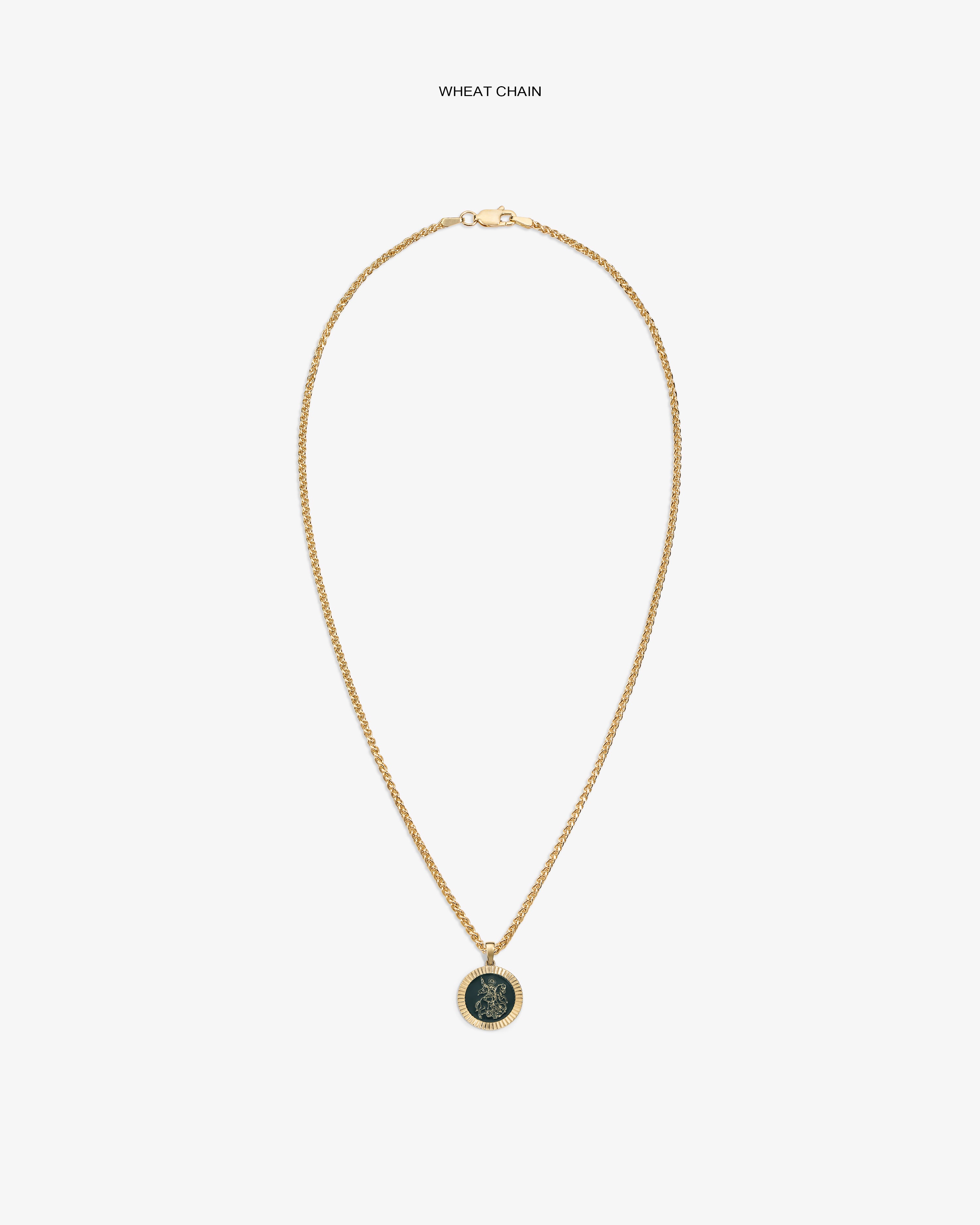 14Kt Gold Saint George Coin Pendant on a gold wheat chain, displayed against a white background.