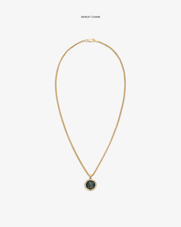 14Kt Gold Saint George Coin Pendant on a gold wheat chain, displayed against a white background.