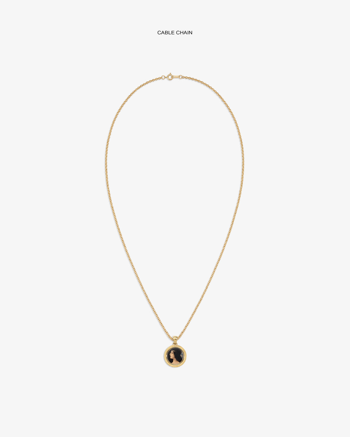 14Kt Gold Hera Pendant: Gold cable chain necklace with round pendant, black design on white background.