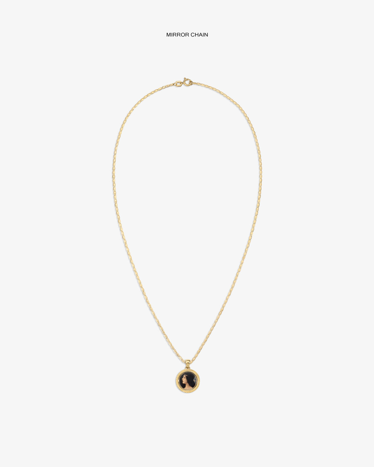 14Kt Gold Hera Pendant necklace with a round black and gold charm on a plain white background.