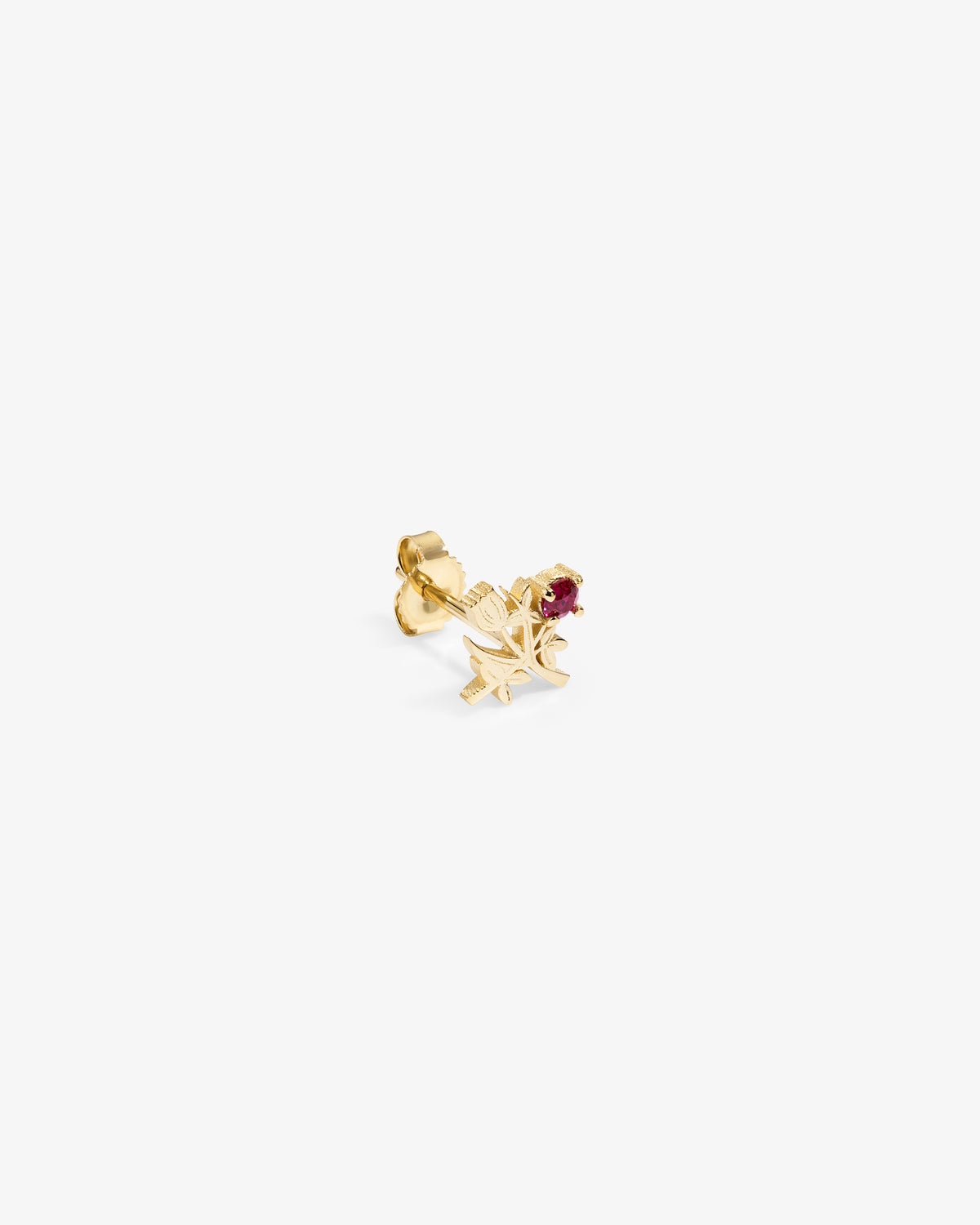 14Kt Gold Ruby Crest Earring shaped like a maple leaf with a red gemstone, shown on a white background.
