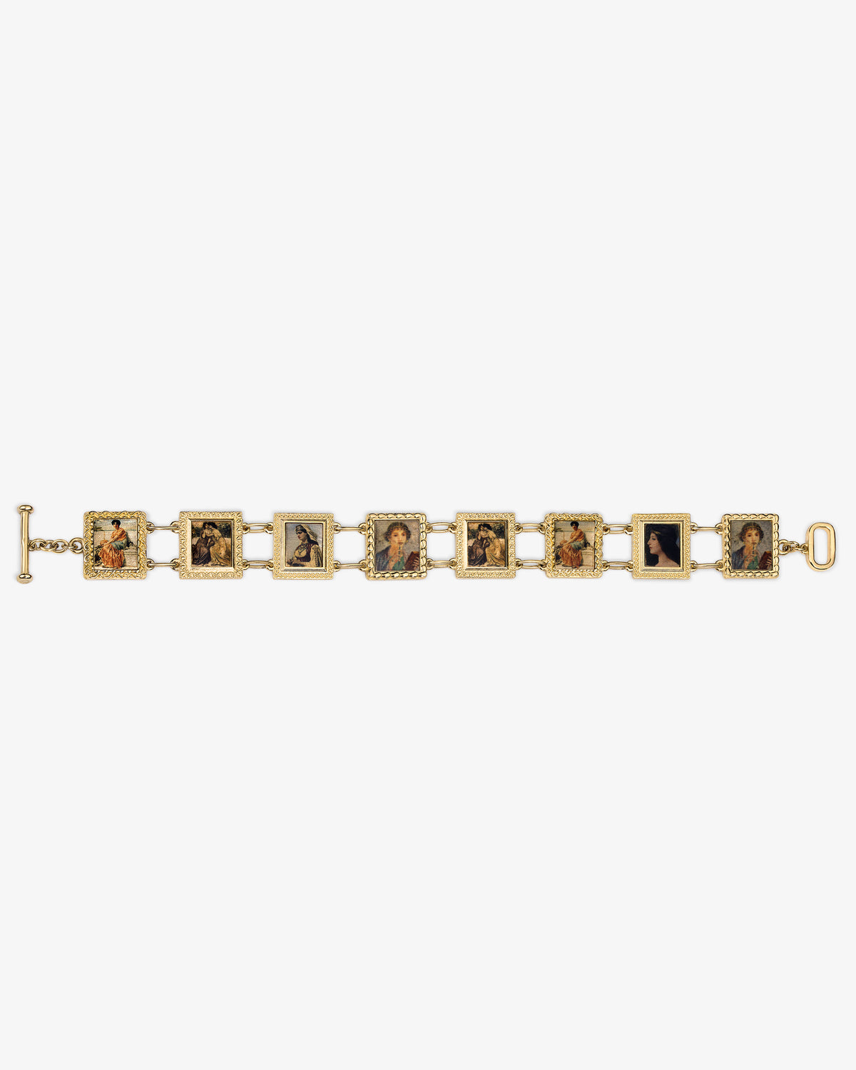 14Kt Gold Portrait Link Bracelet with rectangular links, each showcasing a woman's painted portrait and decorative borders.