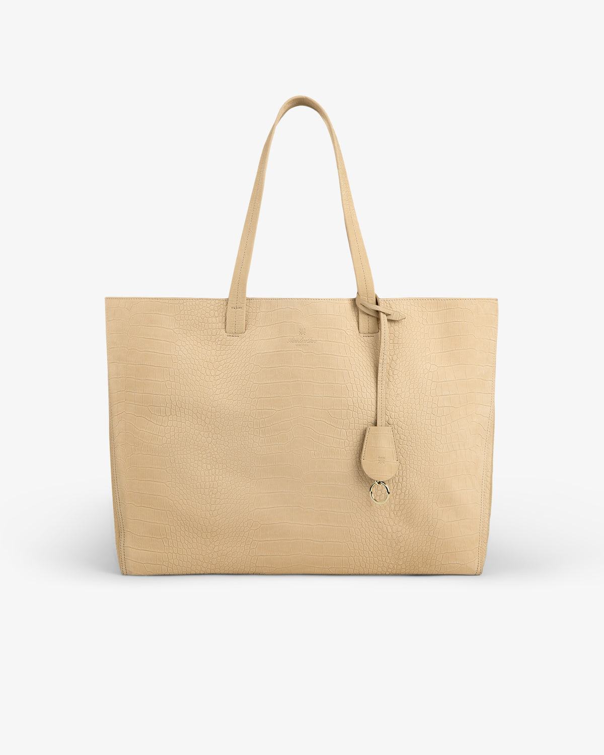 Croc-Embossed Nubuck Tote Bag with two handles and a tag, shown against a white background.