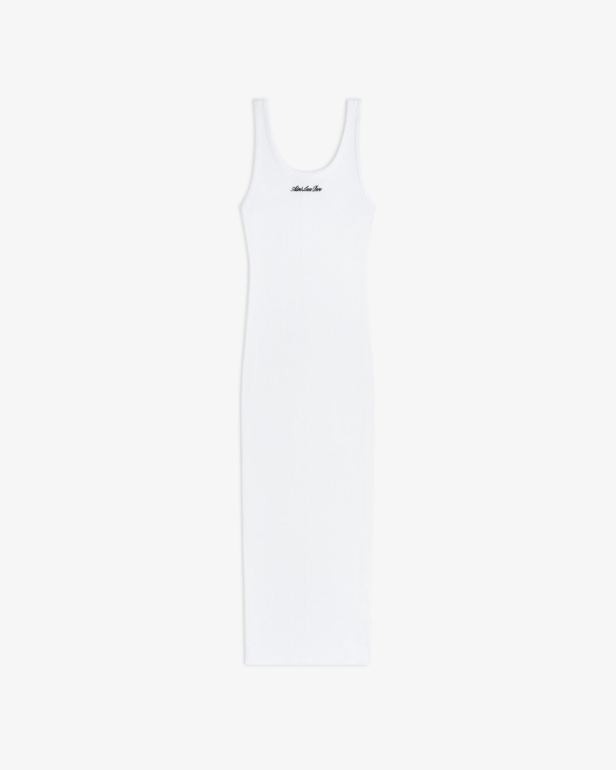 Embroidered Logo Tank Dress: sleeveless white ribbed tank with scoop neck and chest logo, displayed on a white background.
