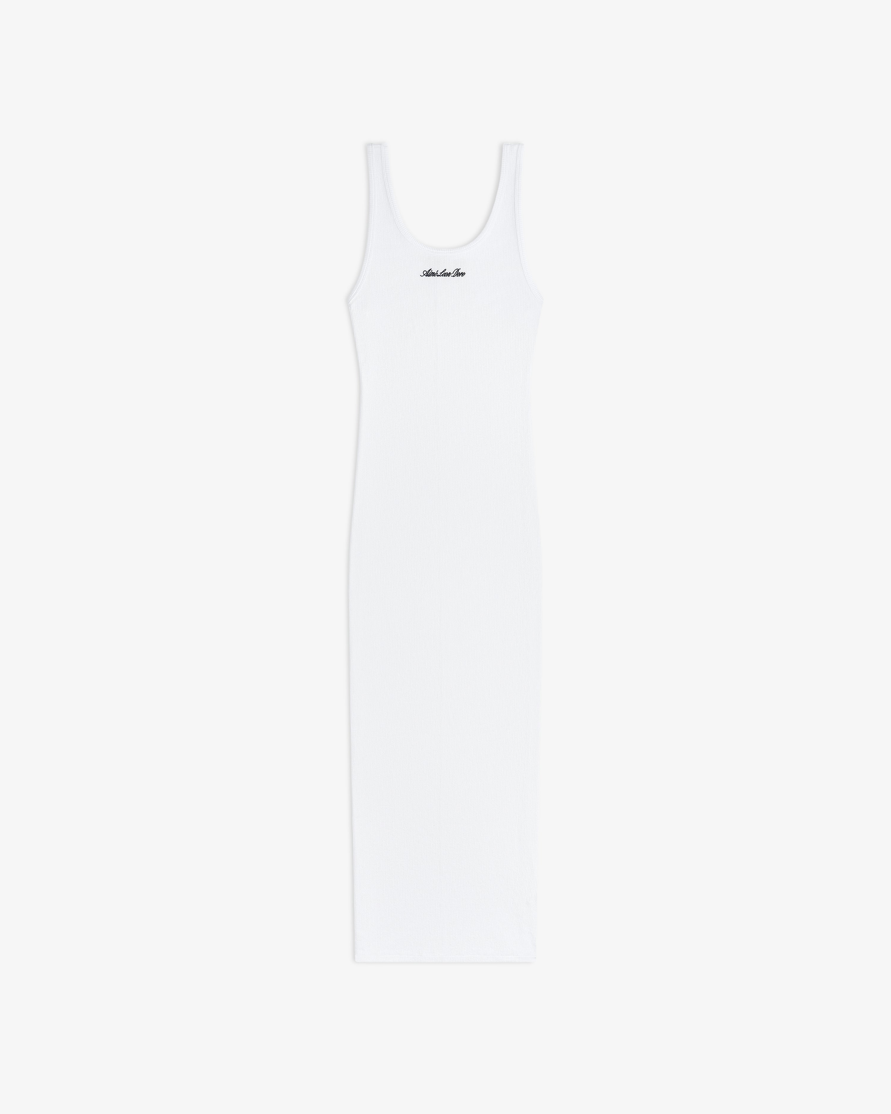 Embroidered Logo Tank Dress: sleeveless white ribbed tank with scoop neck and chest logo, displayed on a white background.