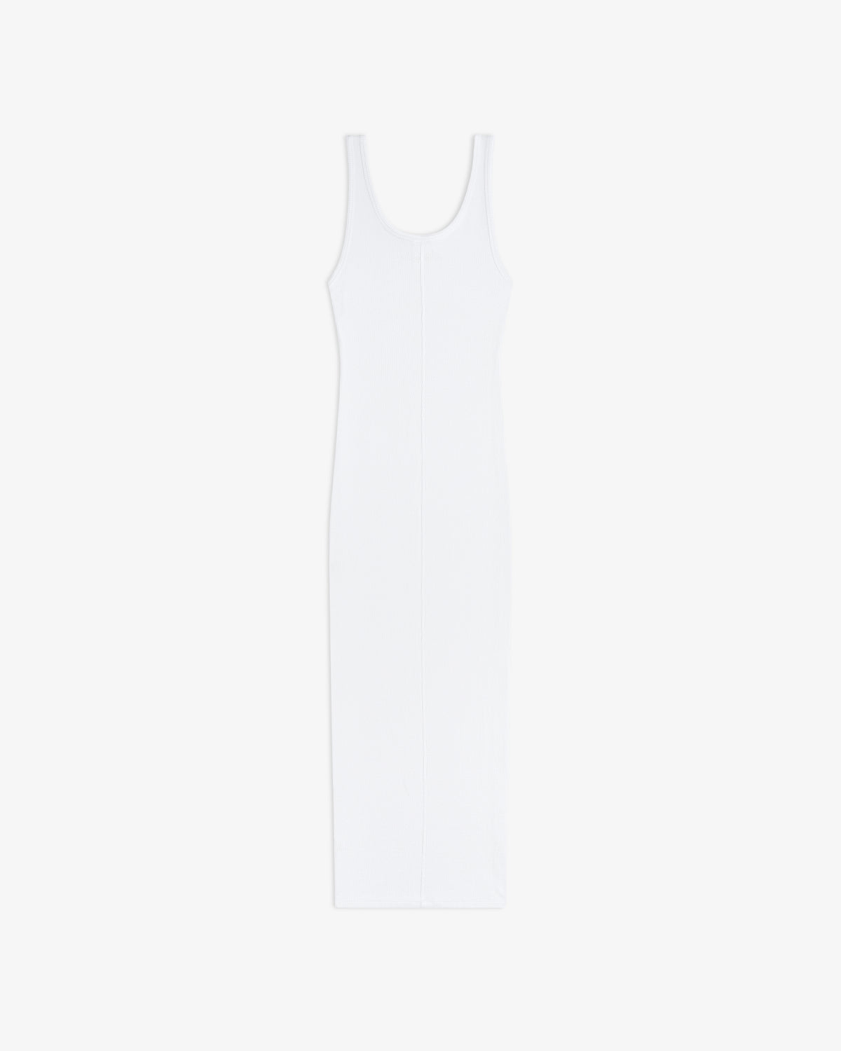 Embroidered Logo Tank Dress: sleeveless, fitted white midi with scoop neckline on a plain white background.