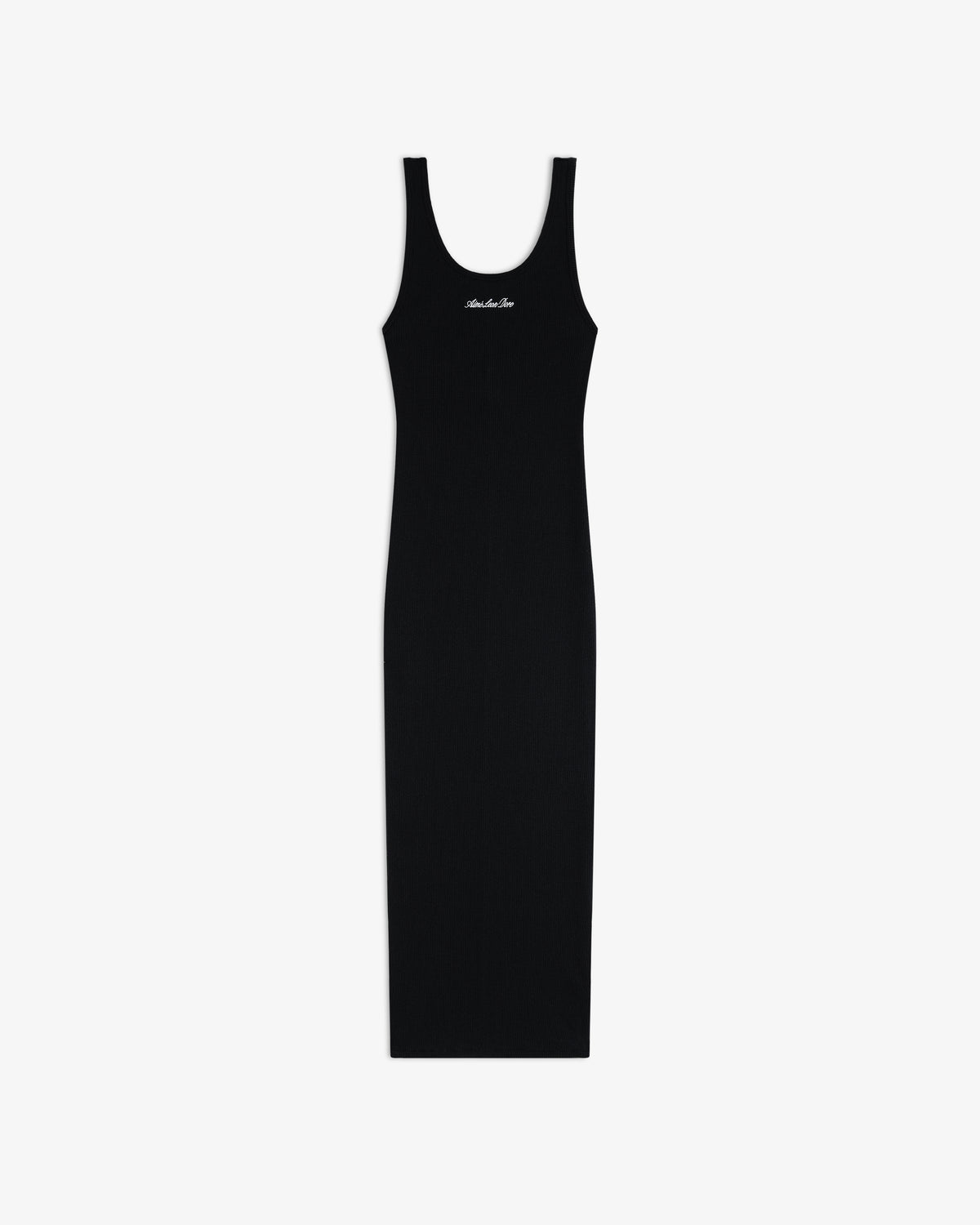 Embroidered Logo Tank Dress: Sleeveless black midi dress with scoop neck, white script chest logo, on white background.