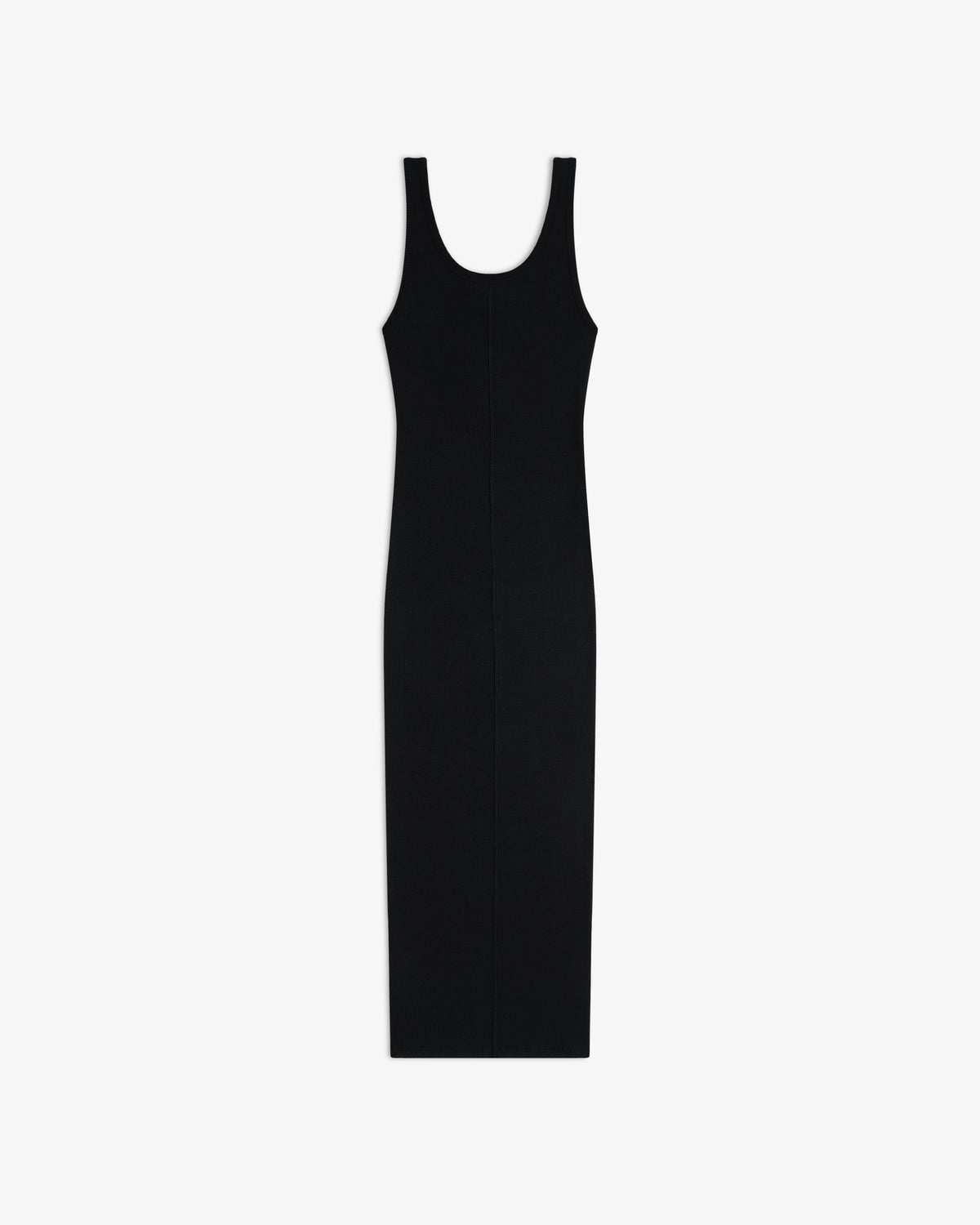 Embroidered Logo Tank Dress, sleeveless black midi with scoop neckline, laid flat on white background.