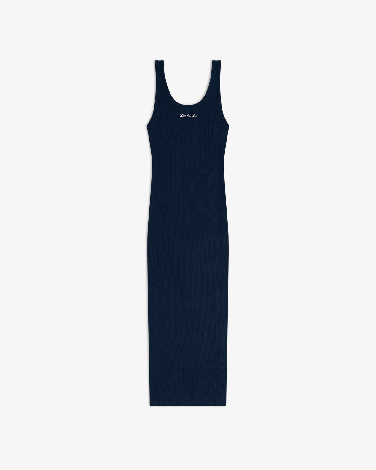 Navy ribbed Embroidered Logo Tank Dress with a scoop neck and small white script on the chest.