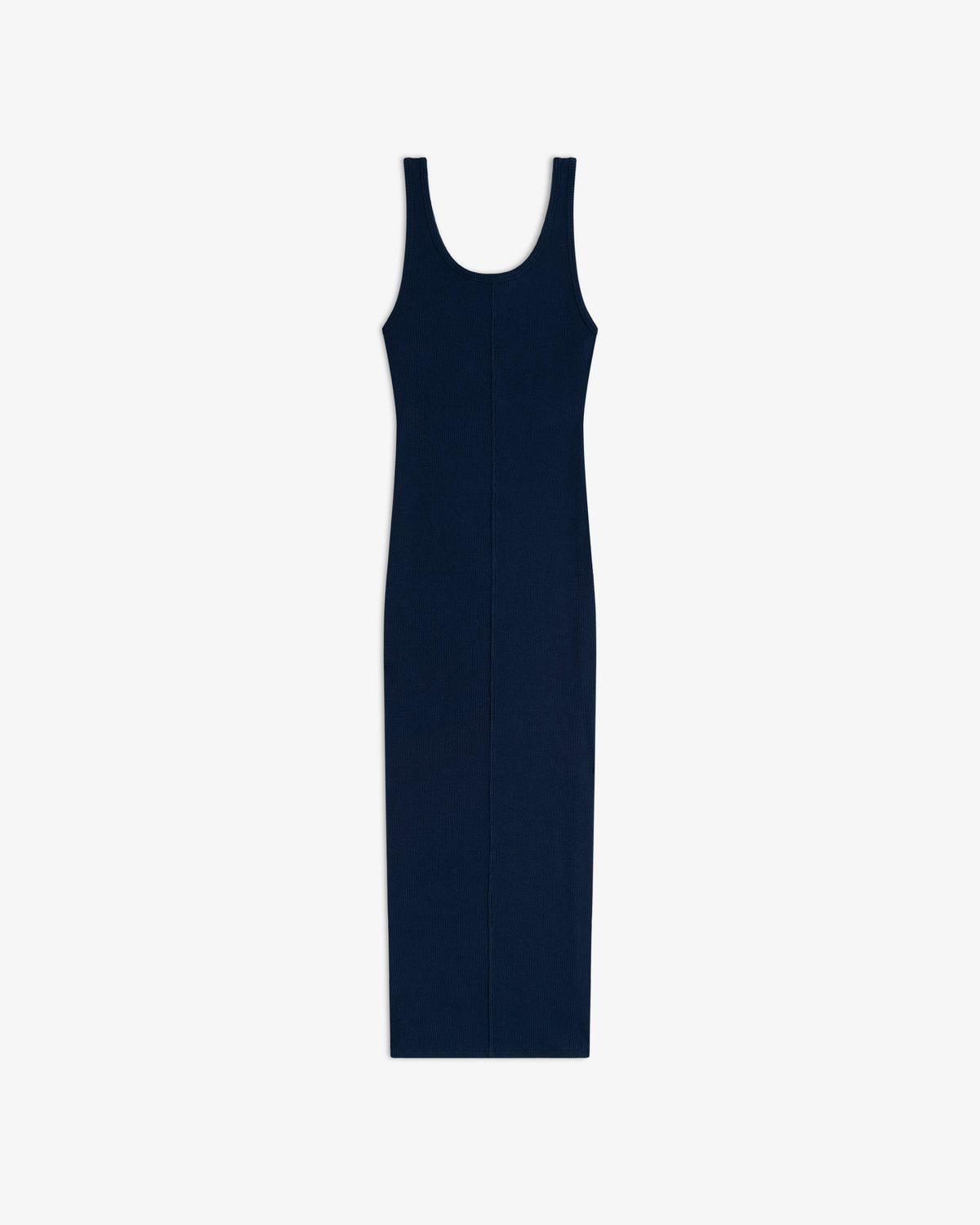 Embroidered Logo Tank Dress in navy blue with a scoop neck, sleeveless, midi length, laid flat on white.