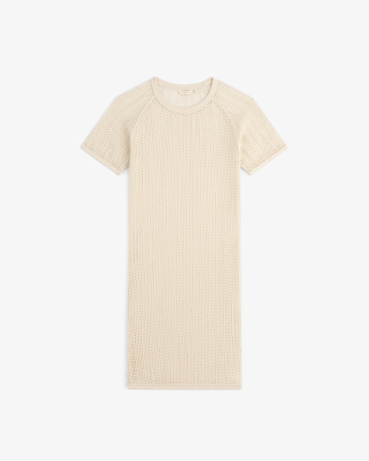 Open Mesh Mini Dress in beige with short sleeves and round neckline, displayed flat on a white background.