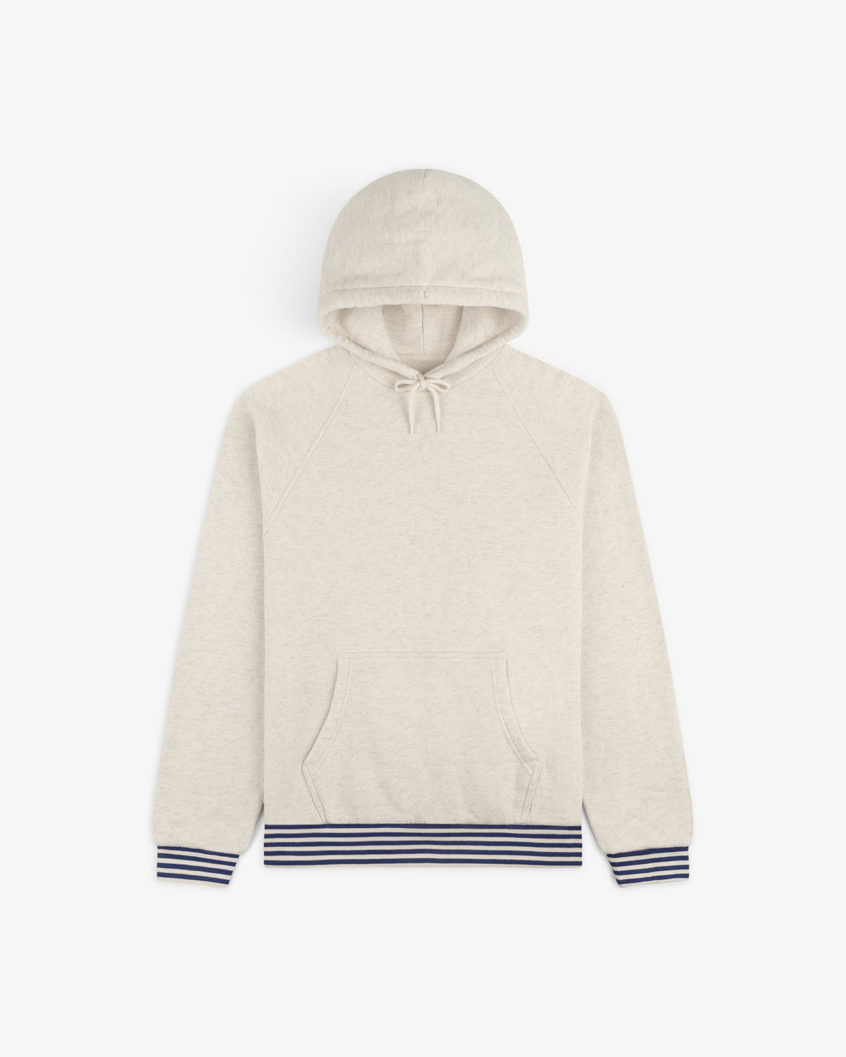Dock Hoodie in beige with front pocket and navy striped cuffs and hem, shown flat on a white background.