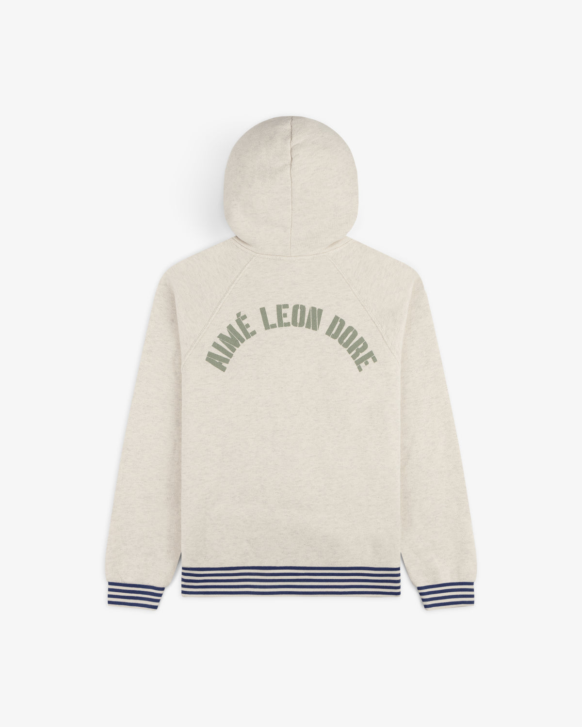 Dock Hoodie: Beige with AIMÉ LEON DORE green text on back, blue-striped cuffs and hem.