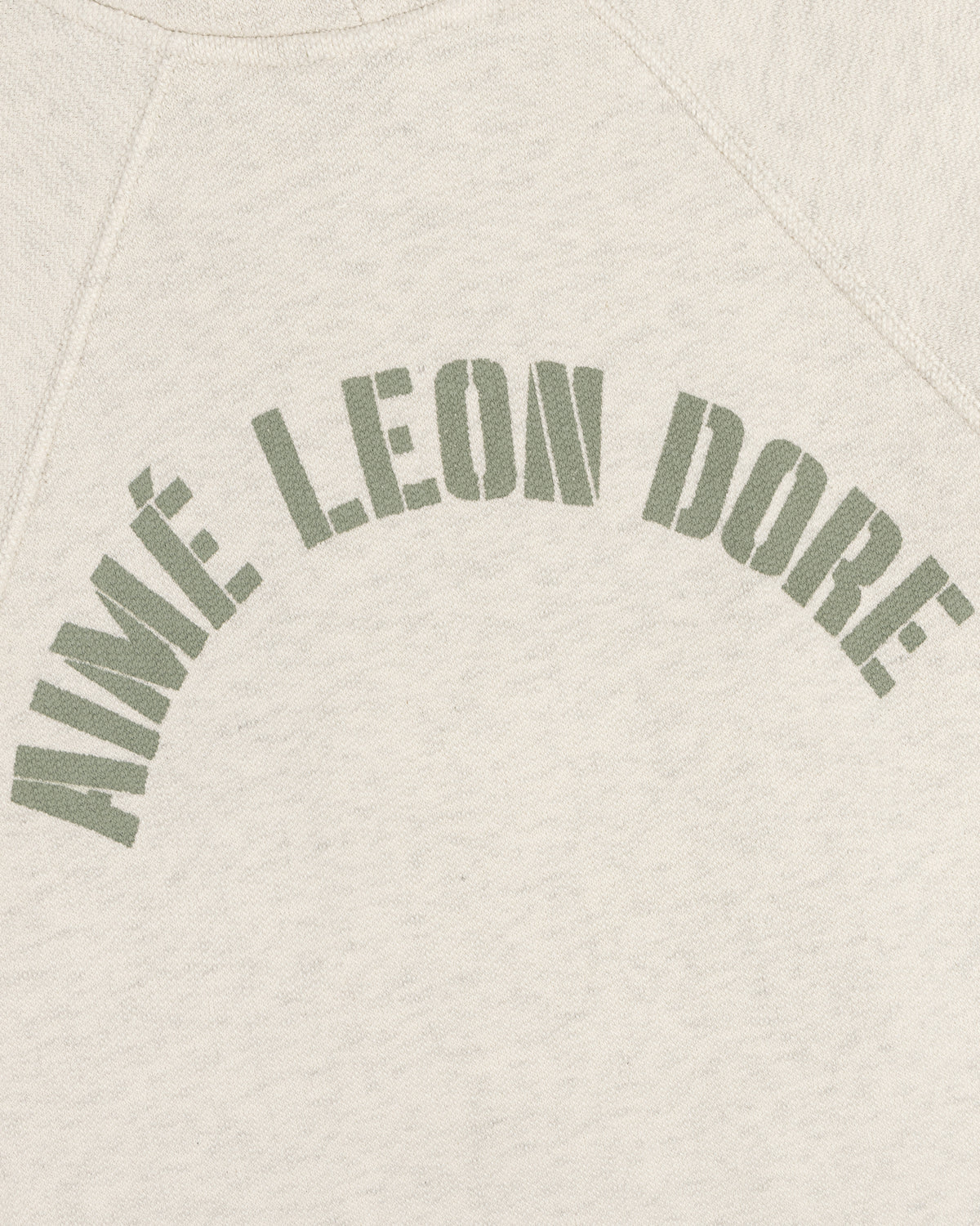 Close-up of Dock Hoodie’s cream fabric featuring AIMÉ LEON DORE in green, arched block letters.