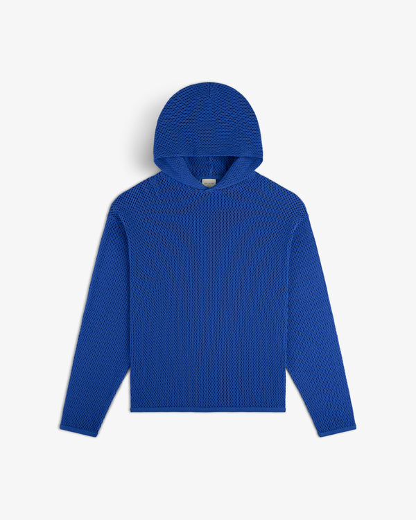 Open Mesh Hoodie in bright blue with a textured knit and long sleeves, displayed flat on a white background.