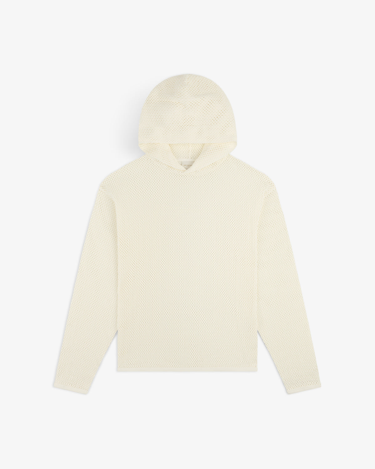 Open Mesh Hoodie: cream-colored, long-sleeve, waffle-knit, loose fit; shown on a white background.