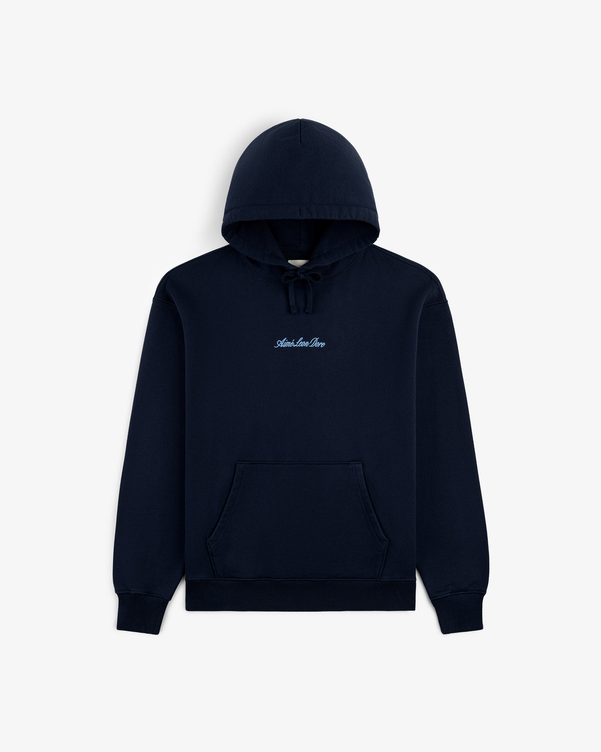 Navy blue Embroidered Logo Hoodie with a front pocket and small white Aimé Leon Dore text on the chest.