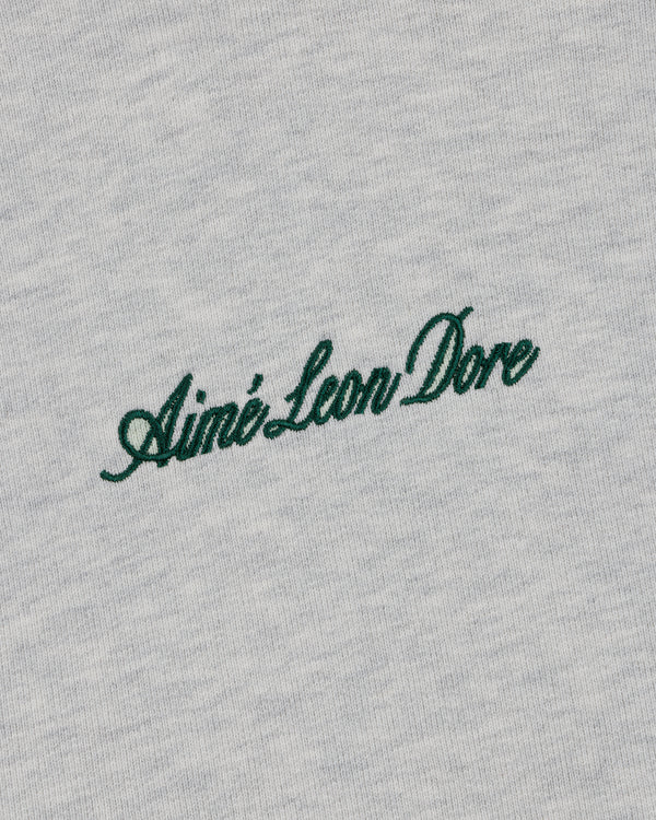Green script "Aimé Leon Dore" embroidered on light grey Embroidered Logo Hoodie.