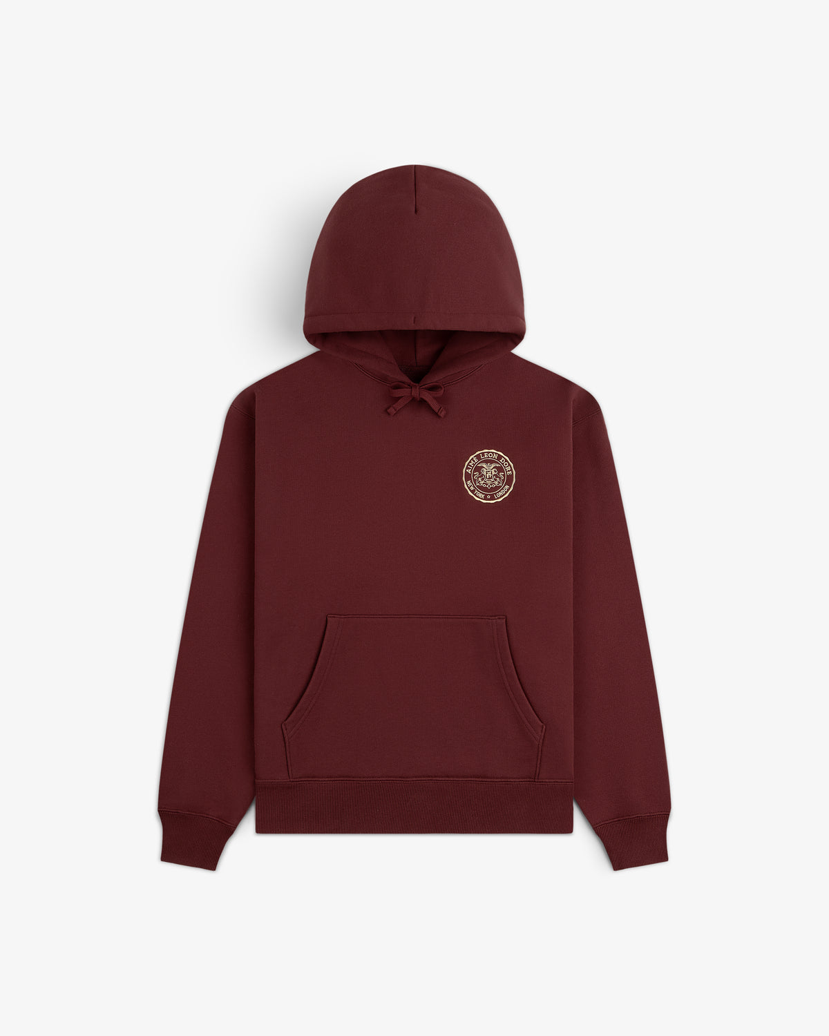 Signet Logo Hoodie: maroon hoodie with front pocket and small circular logo on the left chest.