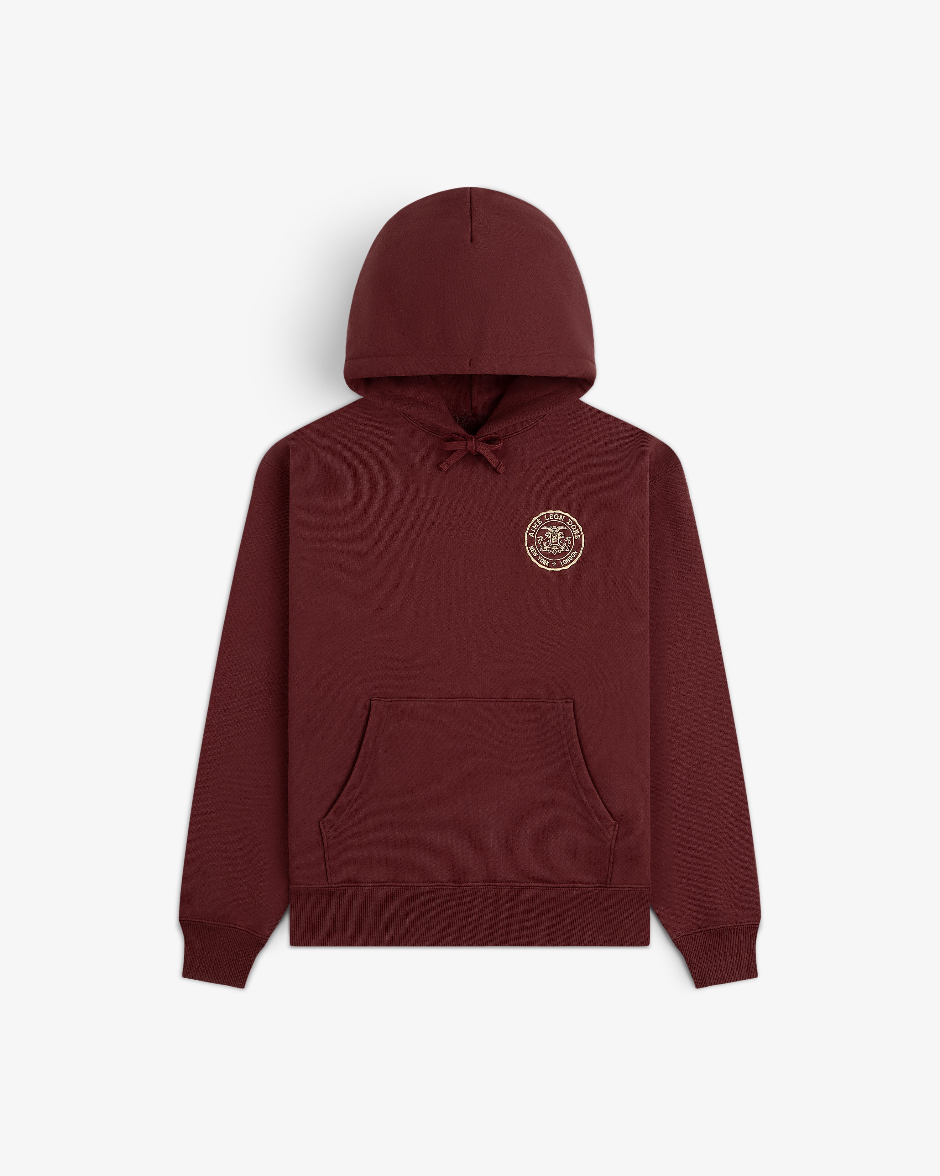Signet Logo Hoodie: maroon hoodie with front pocket and small circular logo on the left chest.