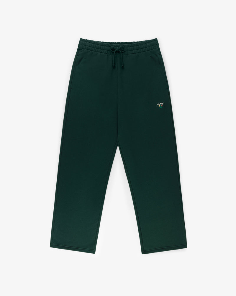 Crest Sweatpants: Dark green with elastic waistband, drawstring, side pockets, and small logo on the left thigh.