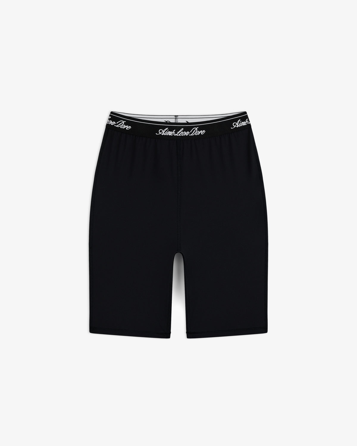 Logo Biker Short: Black, knee-length fitted shorts with a black elastic waistband and white script text.