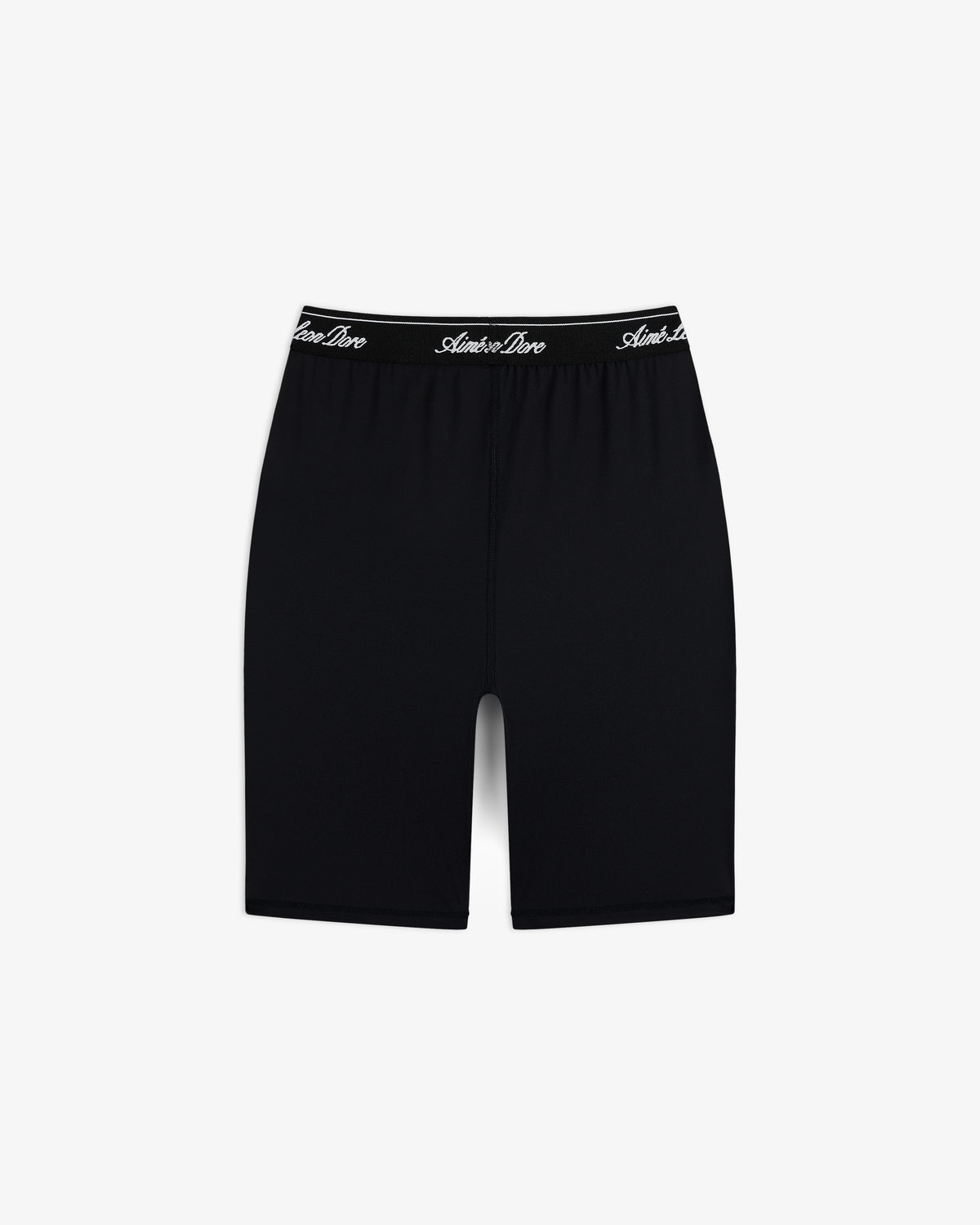 Logo Biker Short: fitted black biker shorts with a black elastic waistband featuring white script text.