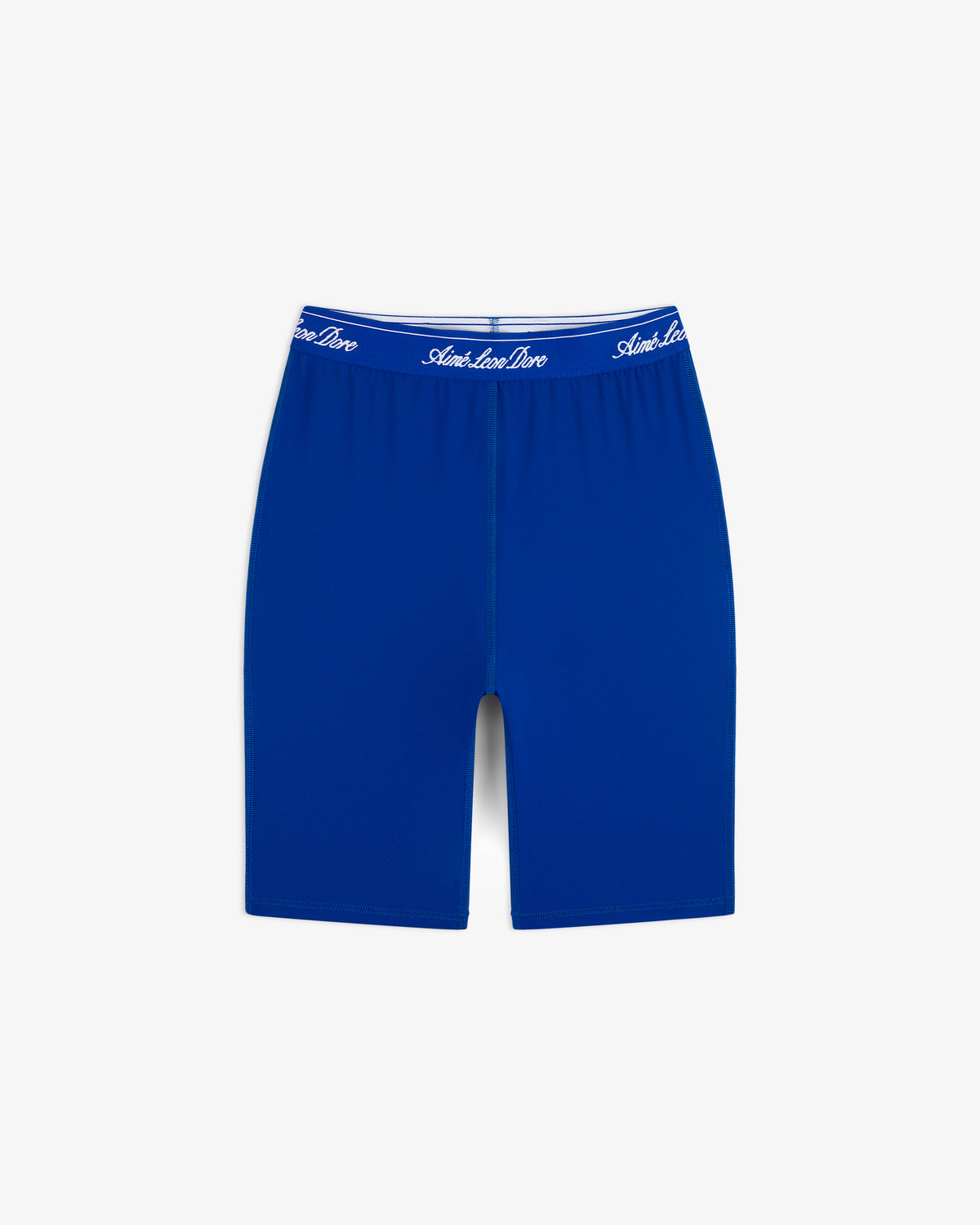 Logo Biker Short in bright blue with an elastic waistband and white Aimé Leon Dore cursive text, shown on white background.