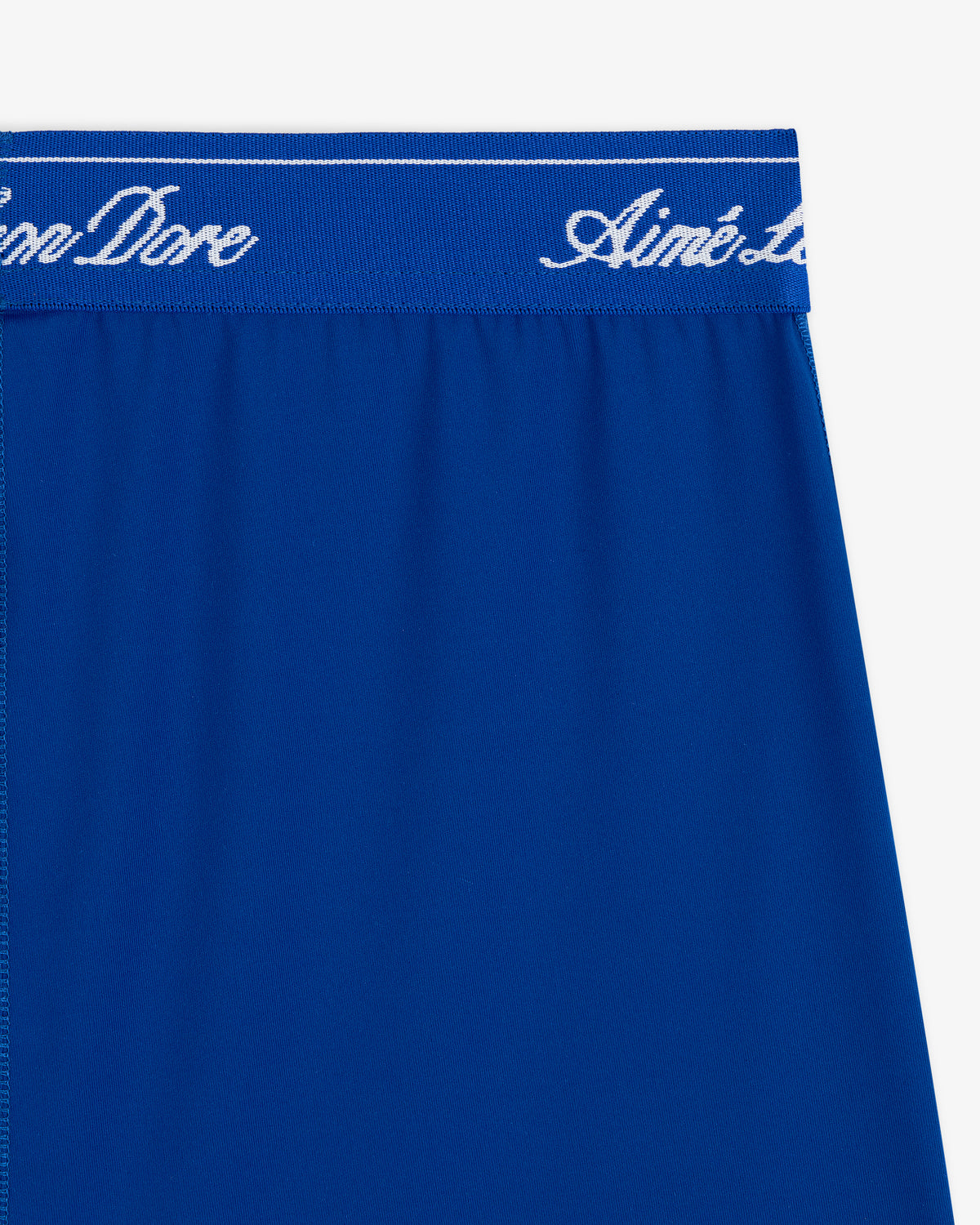 Close-up of Logo Biker Short in blue with a waistband featuring white script text.