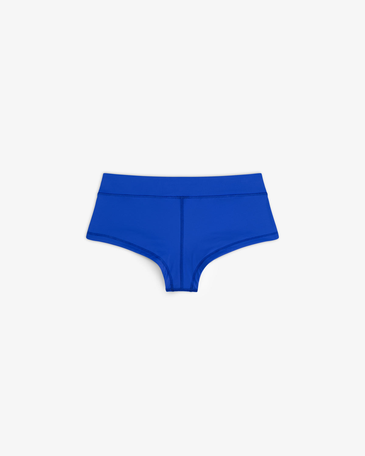 Bright blue Crest Swim Short, high-waisted women's bikini bottom laid flat on a white background.