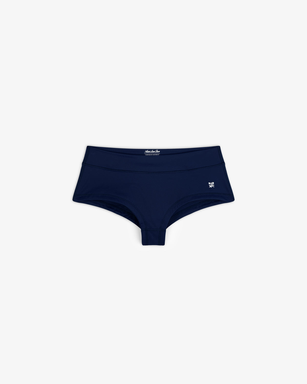 Navy blue Crest Swim Short for women with a small white logo on the left, shown on a white background.