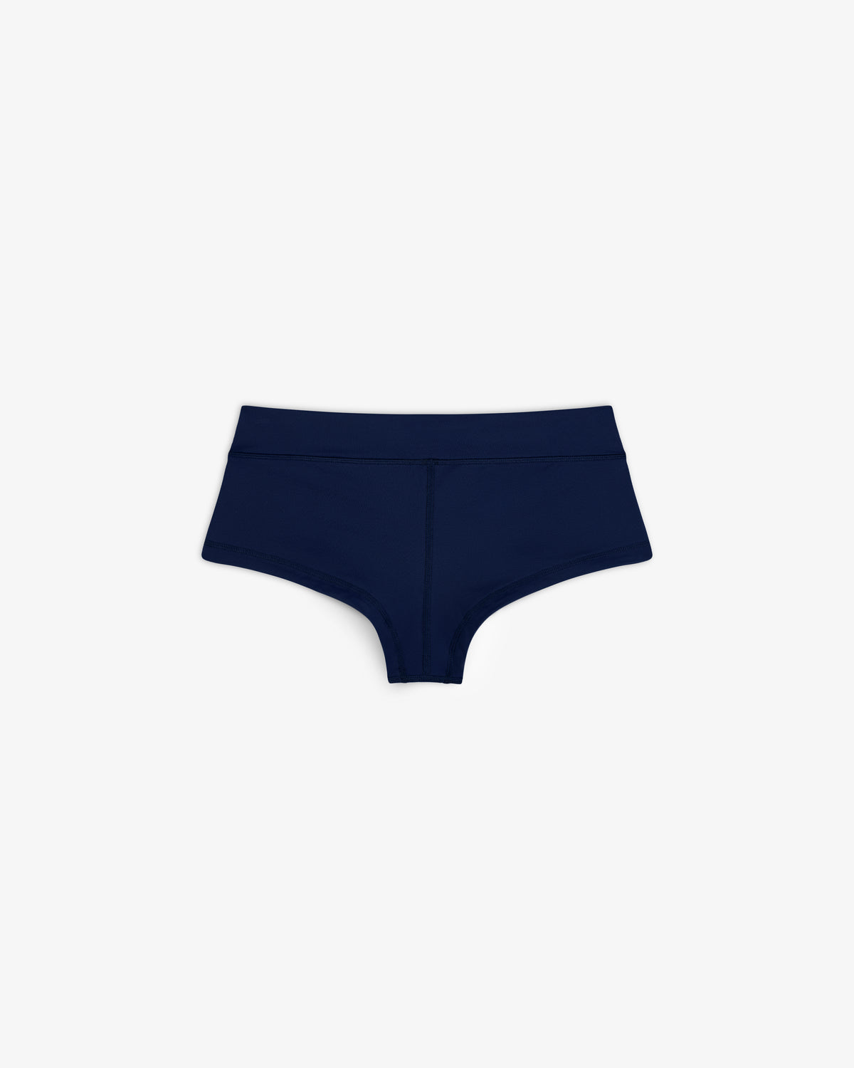 Navy blue Crest Swim Short high-waisted women's underwear laid flat on a white background.