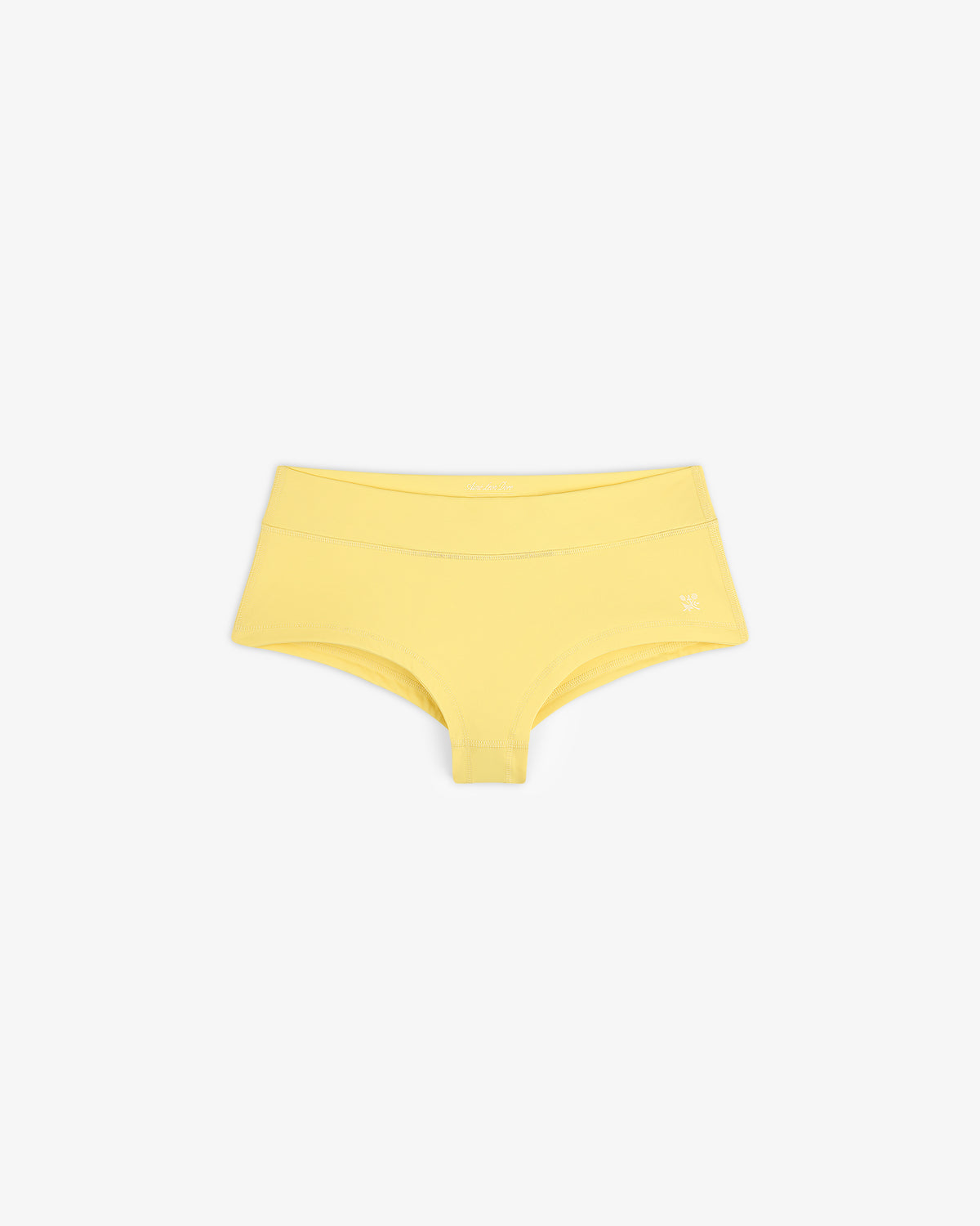 Yellow Crest Swim Short for women laid flat on a plain white background.
