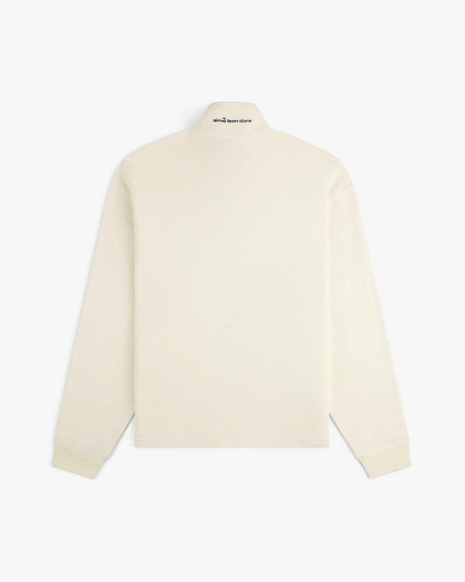 Back view of ALD Golf Piqué Full Zip Sweater, off-white with ribbed texture and small text on upper collar.