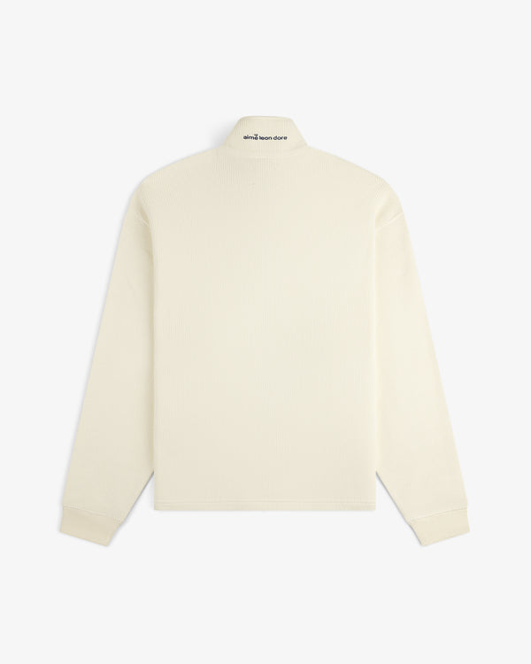 Back view of ALD Golf Piqué Full Zip Sweater, off-white with ribbed texture and small text on upper collar.