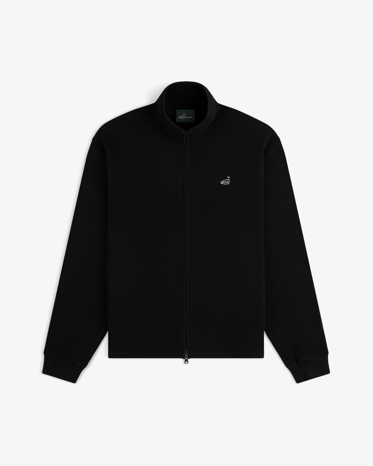ALD Golf Piqué Full Zip Sweater in black with long sleeves and small embroidered logo on left chest, flat on white background.