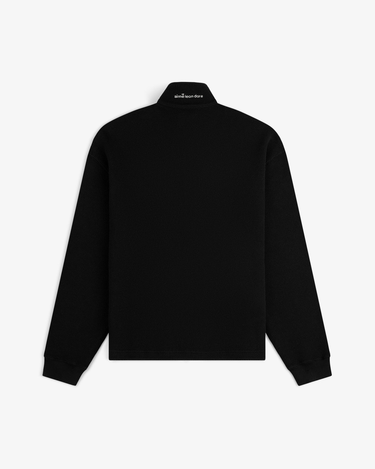 ALD Golf Piqué Full Zip Sweater in black, back view, with small white text on the upper neckline.